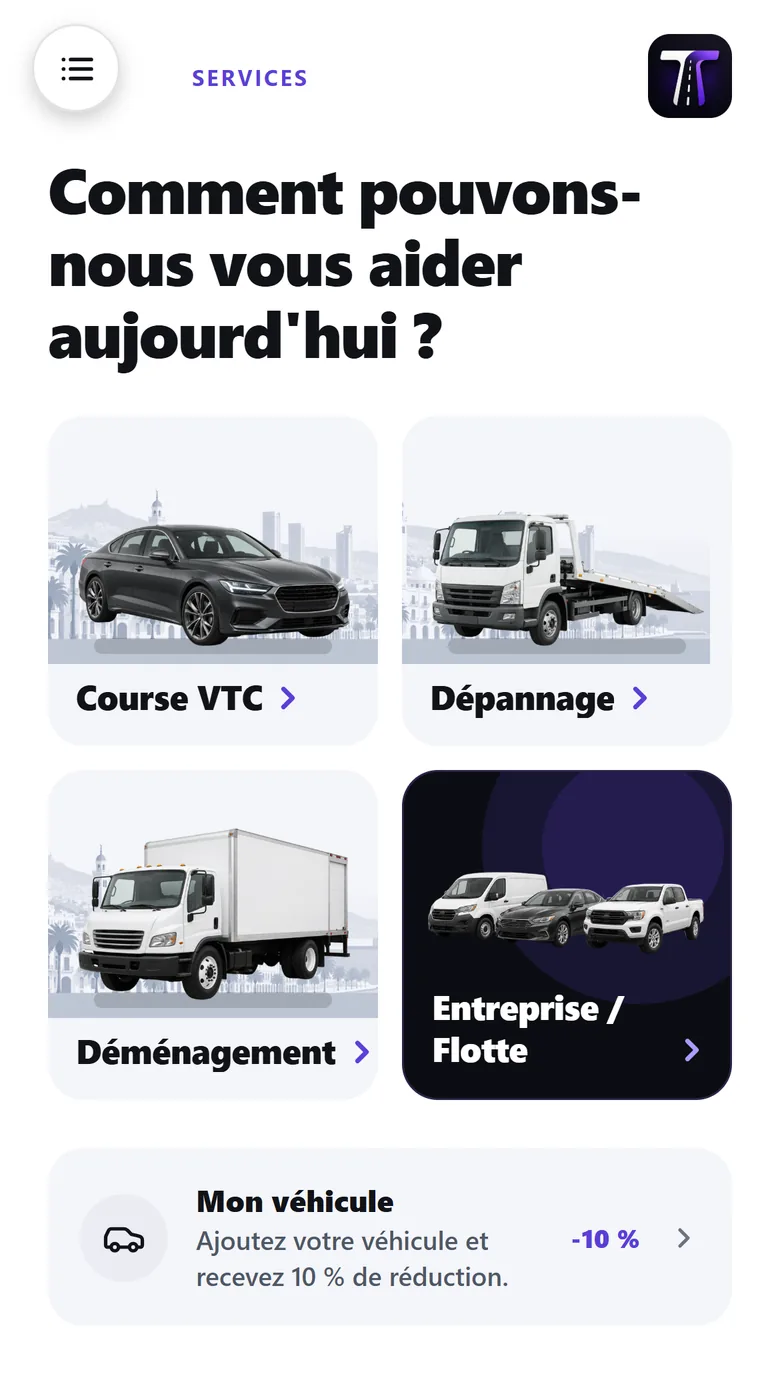 Tout depuis l’accueil — Course, dépannage, déménagement, entreprise et flotte