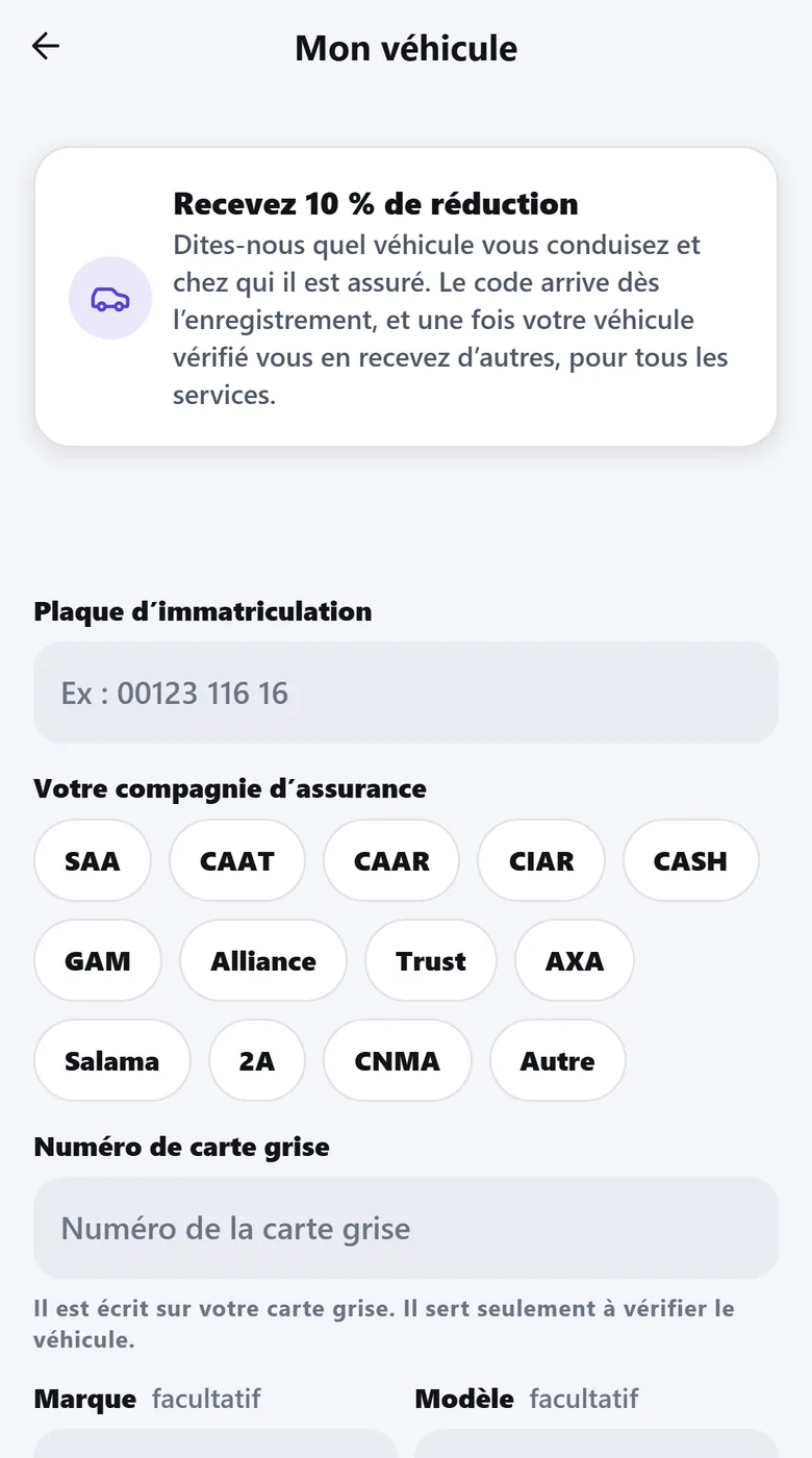 Ajoutez votre voiture, −10 % — Une fois vérifiée, d’autres codes arrivent