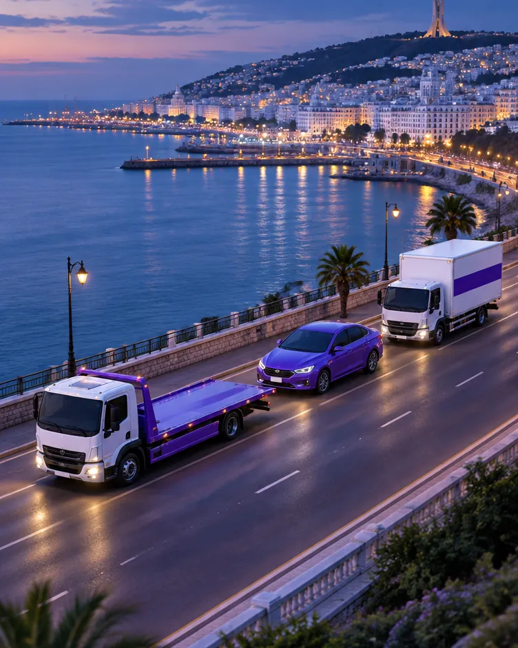 Une dépanneuse, une voiture et un camion Triq sur la corniche d’Alger