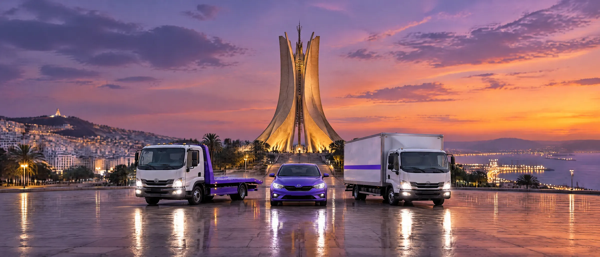 Une dépanneuse, une voiture VTC et un camion de déménagement Triq devant le Maqam Echahid, à Alger