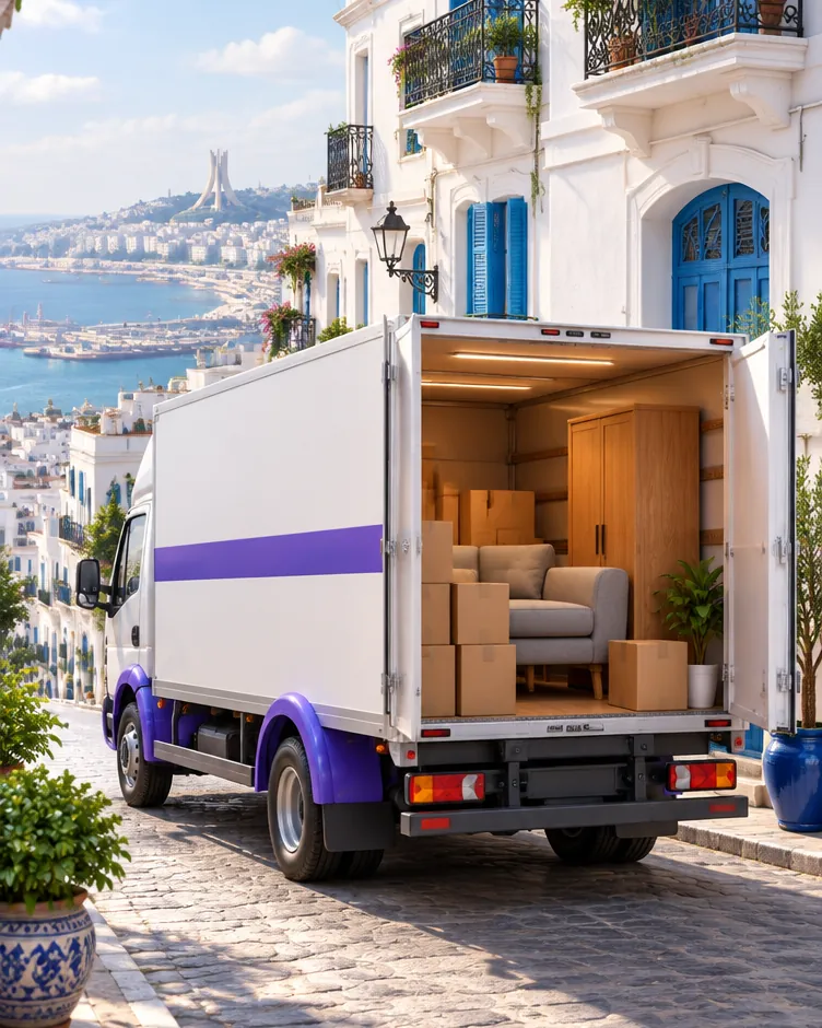 Un camion de déménagement chargé, dans une rue d’Alger