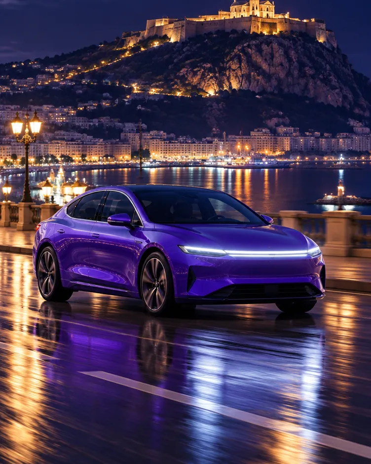 Une voiture VTC devant la baie d’Alger, de nuit
